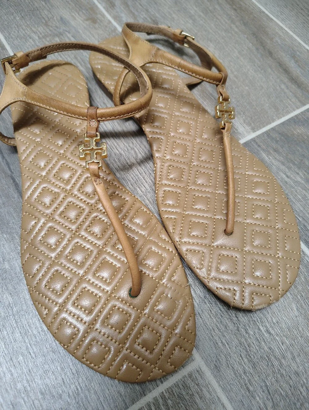 Tory Burch Quilted Tan T-Strap Sandals